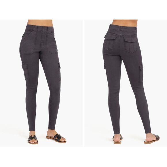 Spanx Stretch Twill Ankle Dark Gray Cargo Pants Medium TALL Inseam - Picture 1 of 14